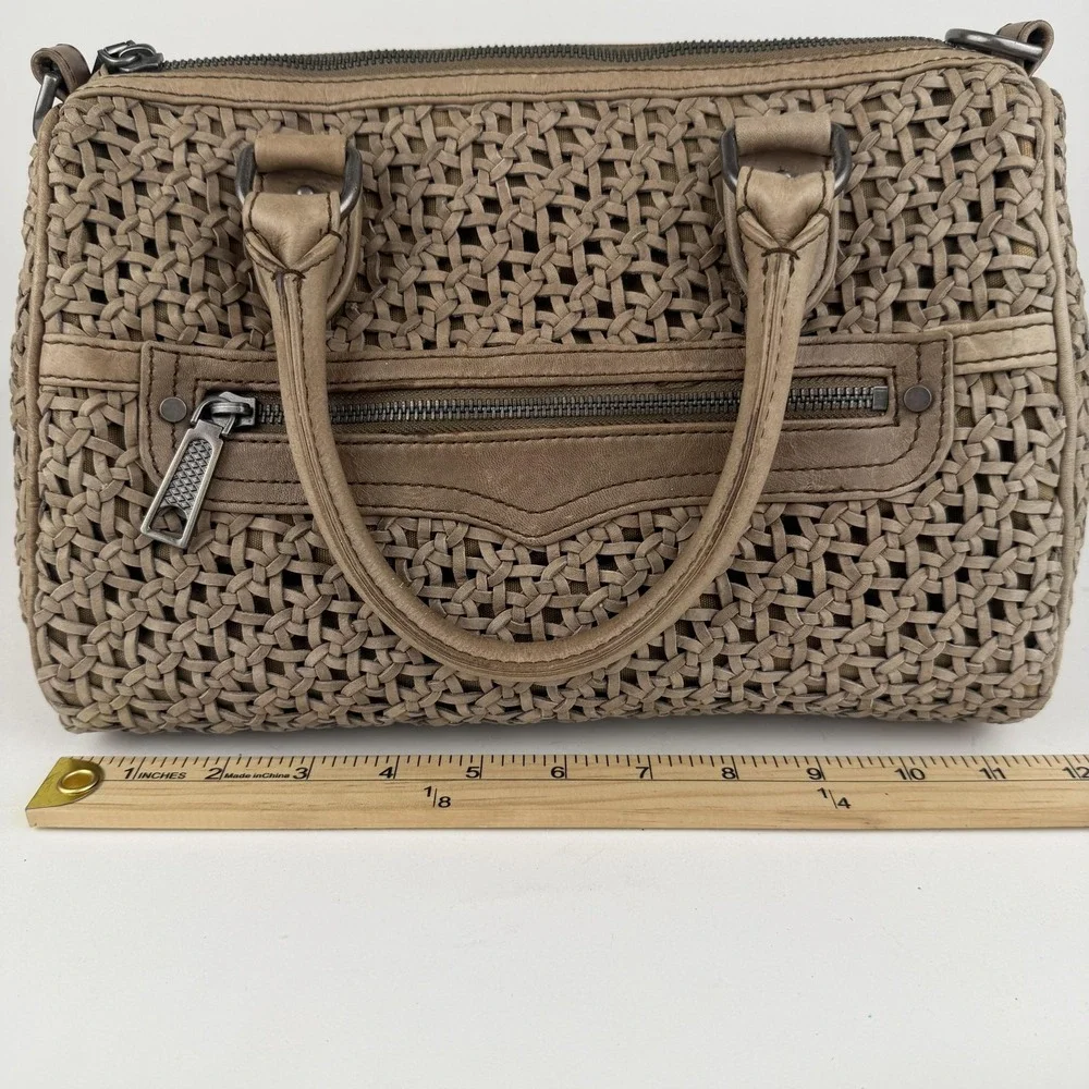 Rebecca‎ Minkoff Satchel Bag Womens Taupe Woven Leather Top Handle Handbag